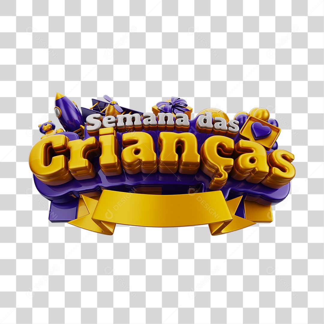 Semana Das Crianças Selo 3D Roxo Dourado e Branco Com Brinquedos Infantil PNG Transparente