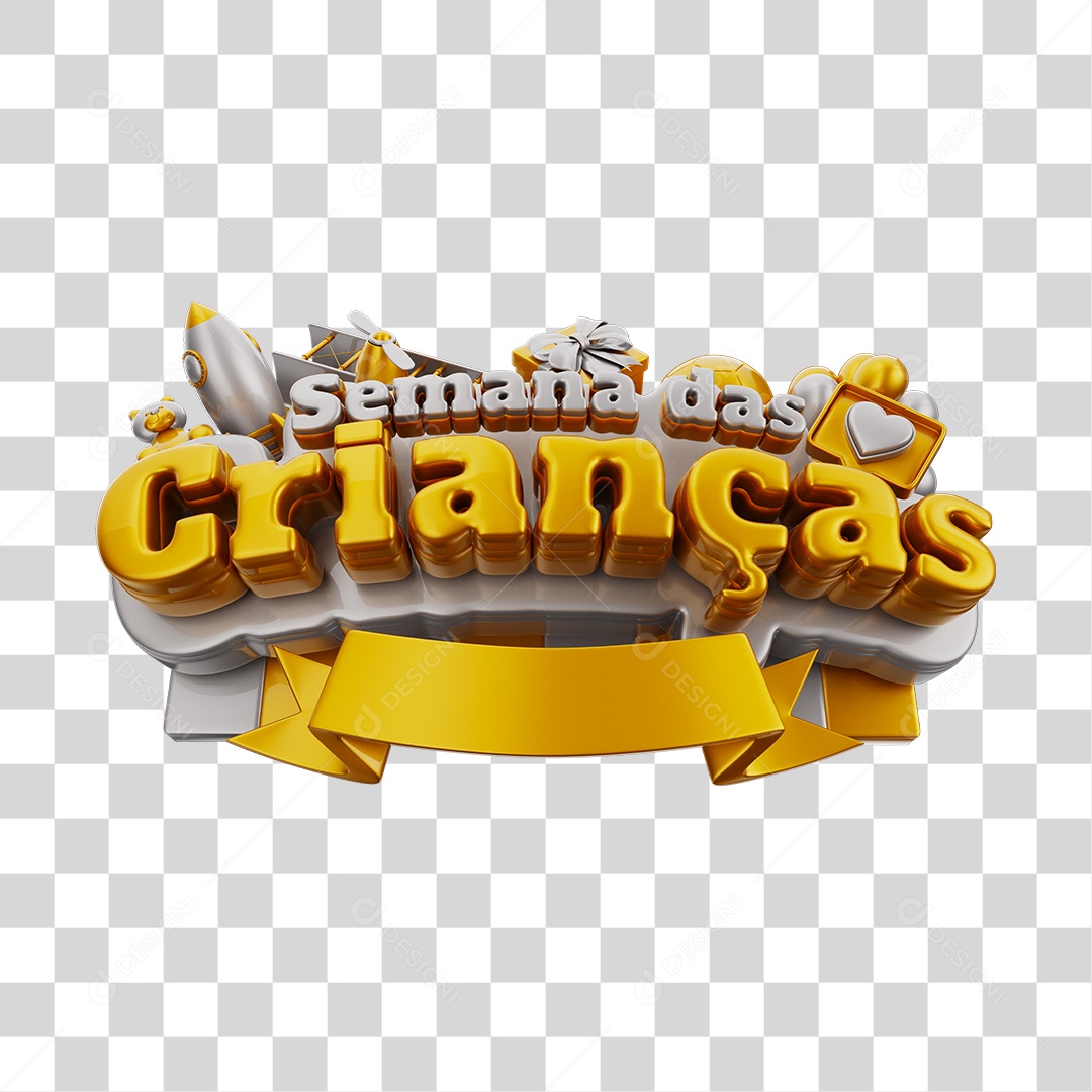 Semana Das Crianças Selo 3D Dourado e Branco Com Brinquedos Infantil PNG Transparente