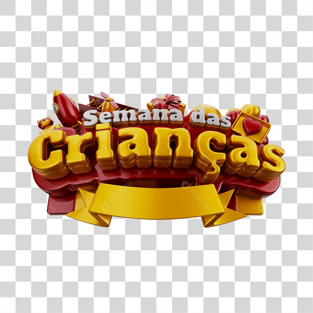 Semana Das Crianças Selo 3D Vermelho Dourado e Branco Com Brinquedos Infantil PNG Transparente