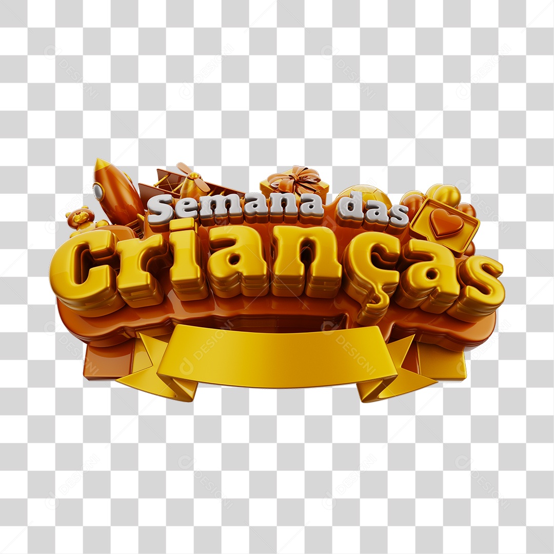 Semana Das Crianças Selo 3D Laranja Dourado e Branco Com Brinquedos Infantil PNG Transparente