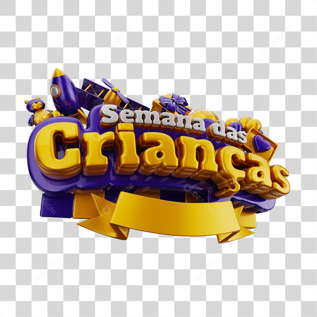 Semana Das Crianças Selo 3D Roxo Dourado e Branco Com Brinquedos Infantil PNG Transparente