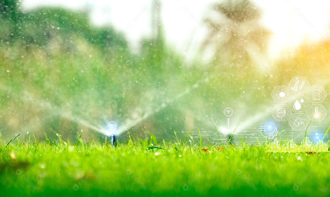 Aspersor de gramado automático regando grama verde e ícone conceito de agricultura inteligente.