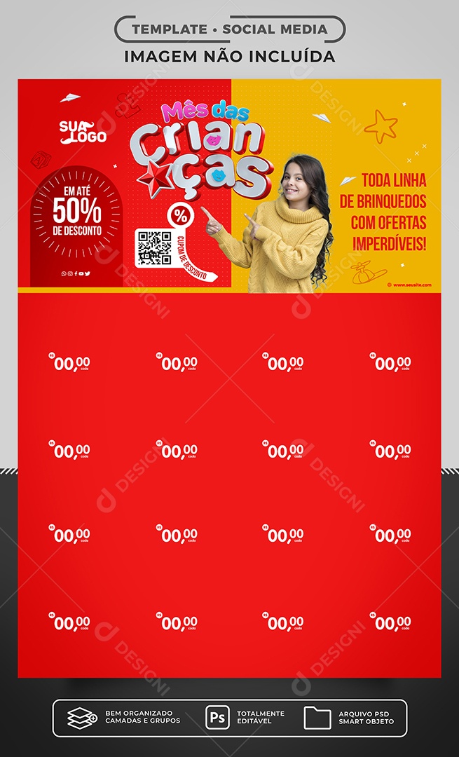 Mês das Crianças Encarte de Supermercado Social Media PSD Editável