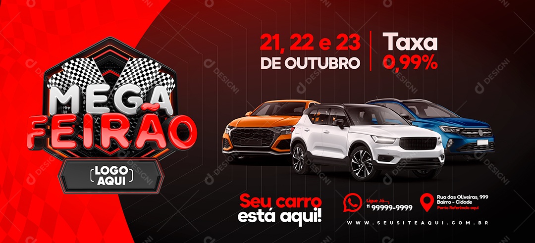 Banner Mega Feirão de Carros Taxa 0% Vermelho Social Media PSD Editável