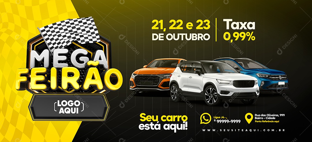 Banner Mega Feirão de Carros Taxa 0% Amarelo Social Media PSD Editável
