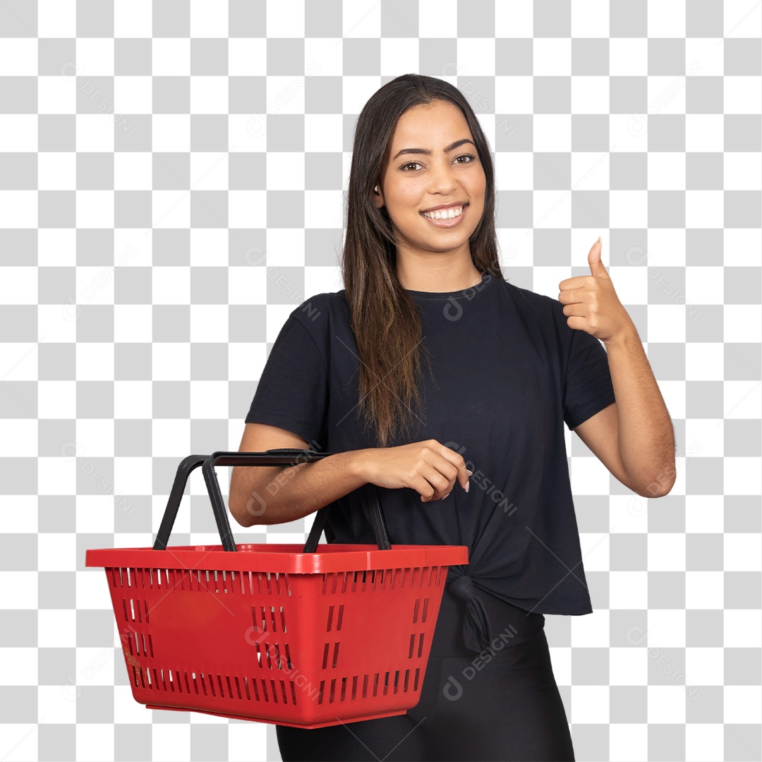 Linda mulher jovem garota segurando cesta de compras mercado sorridente