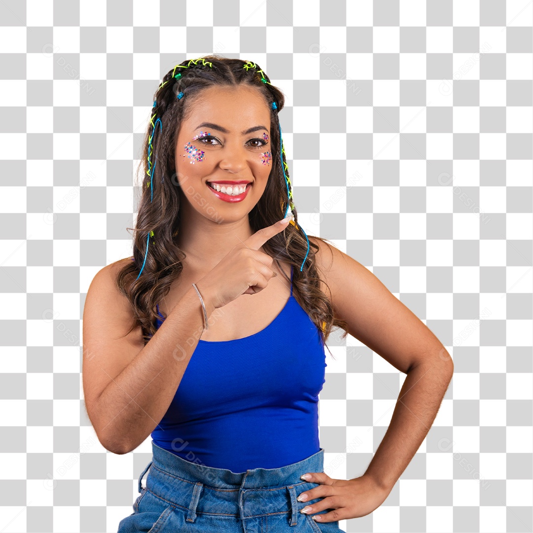 Linda mulher jovem morena apontando para o lado