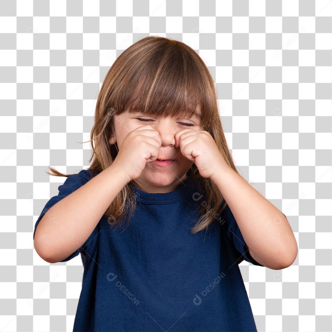 Menina branca de blusa azul escuro chorando PNG Transparente