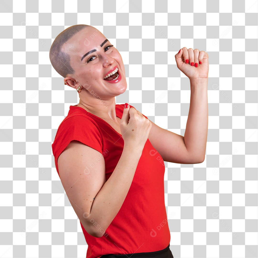 Bald young woman wearing red top in cancer concept, October pink