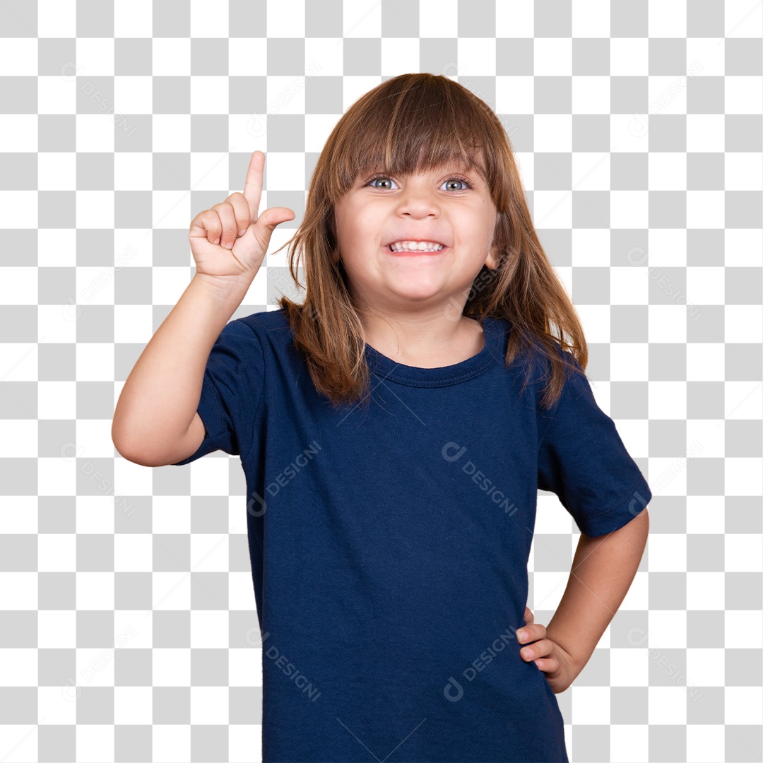 Retrato de menina criança com o dedo apontado para cima