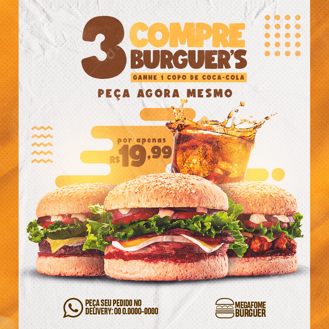 Compre 3 Burguers Agora Mesmo Social Media PSD Editável