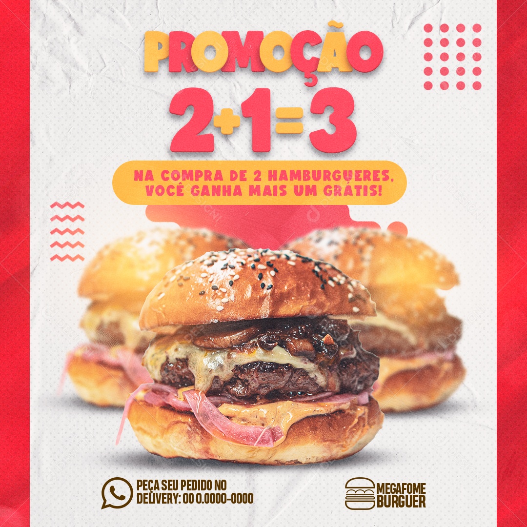 Promoção 2+1=3 na Compra De 2 Hamburger Você Ganha Mais Um Gratuito Social Media PSD Editável