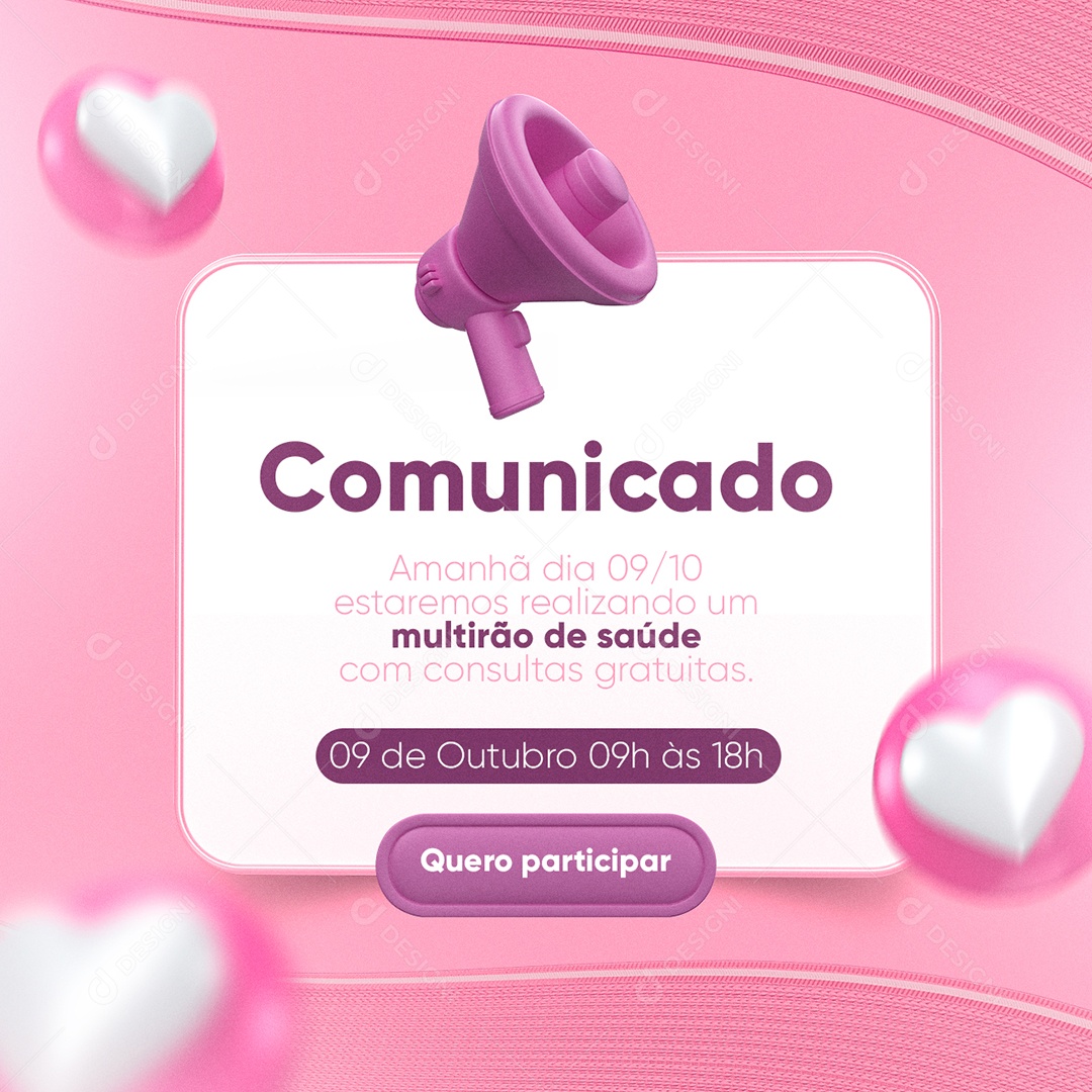 Comunicado Multirão de Saúde Outubro Rosa Social Media PSD Editável