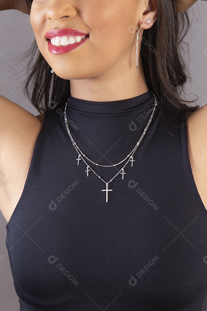 Beautiful woman with long hair wearing necklace and bracelet