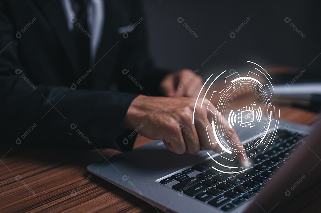 Controle, trabalhe, comande com robô droide AI de Inteligência Artificial e sistema ciborgue