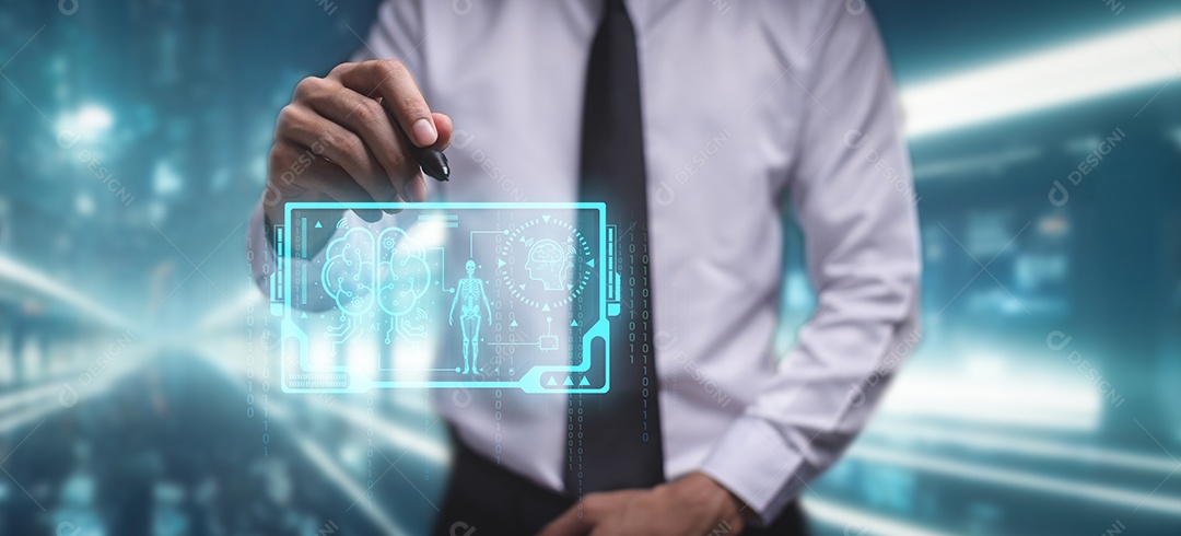 Controle, trabalhe, comande com robô droide AI de Inteligência Artificial e sistema ciborgue