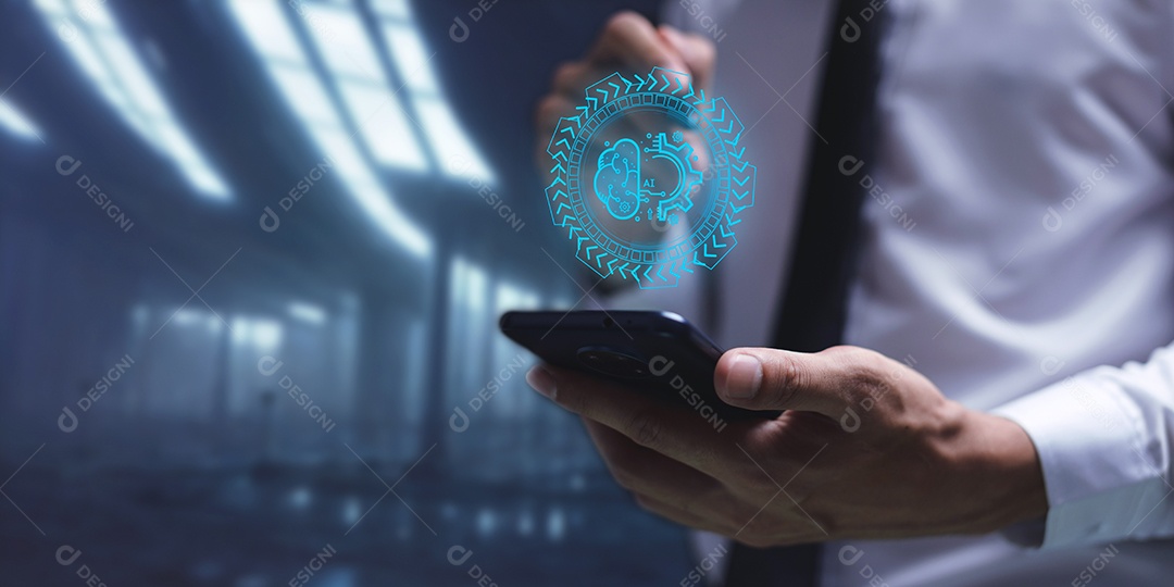 Controle, trabalhe, comande com robô droide AI de Inteligência Artificial e sistema ciborgue