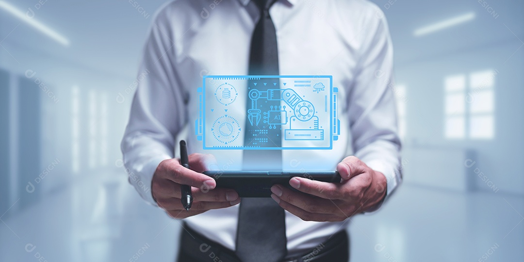 Controle, trabalhe, comande com robô droide AI de Inteligência Artificial e sistema ciborgue