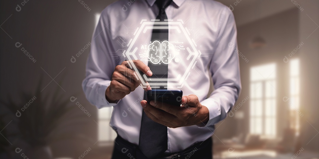 Controle, trabalhe, comande com robô droide AI de Inteligência Artificial e sistema ciborgue