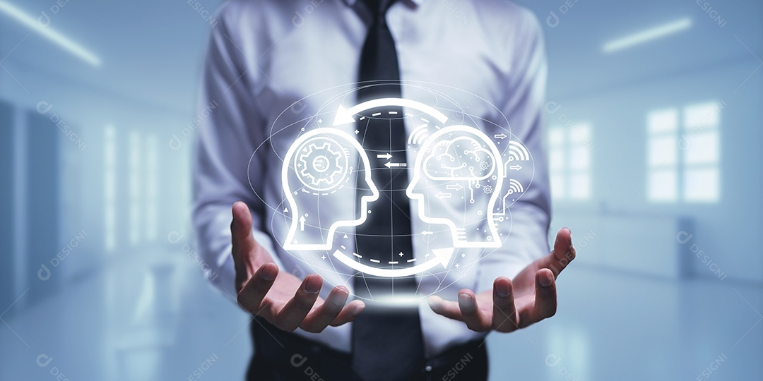 Controle, trabalhe, comande com robô droide AI de Inteligência Artificial e sistema ciborgue