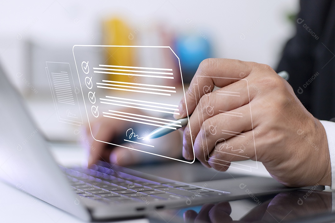 Conceito de assinatura eletrônica, pessoas de negócios assinam eletrônica