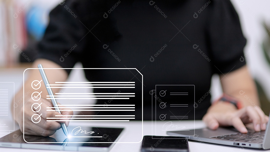 Conceito de assinatura eletrônica, pessoas de negócios assinam eletrônica