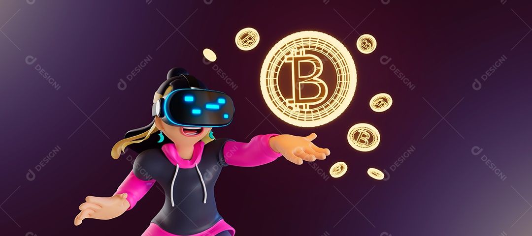 Personagem do Metaverso com Criptomoeda Bitcoin Virtual Elemento 3D para Composição PSD