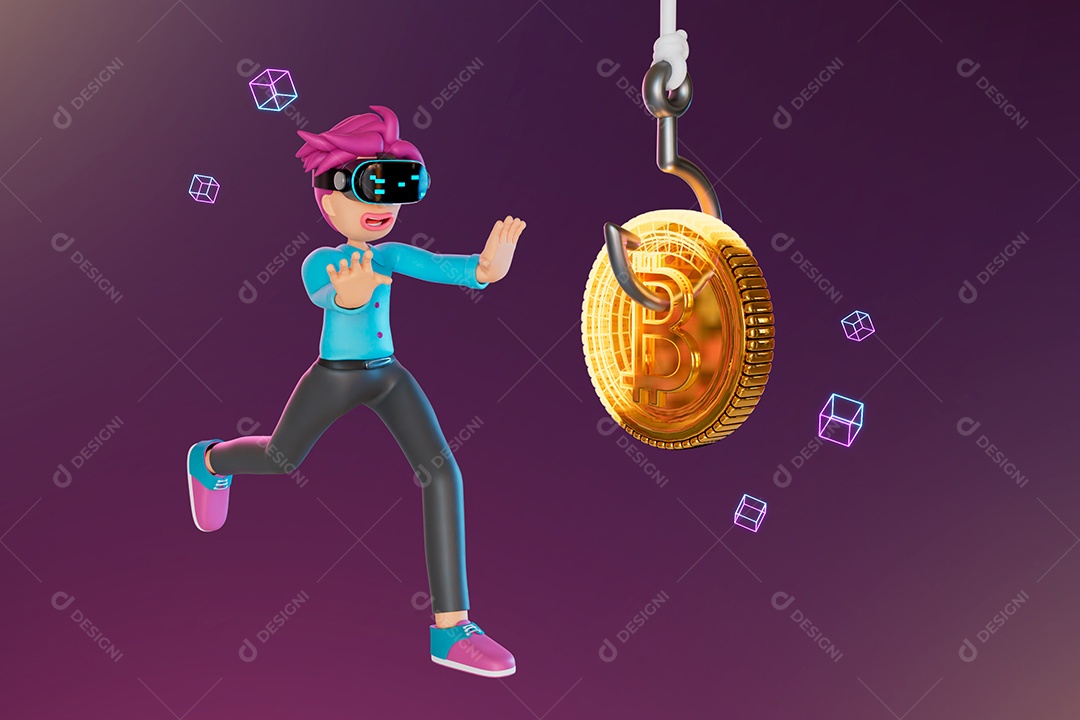 Personagem Pegando Criptomoeda Bitcoin Elemento 3D para Composição PSD