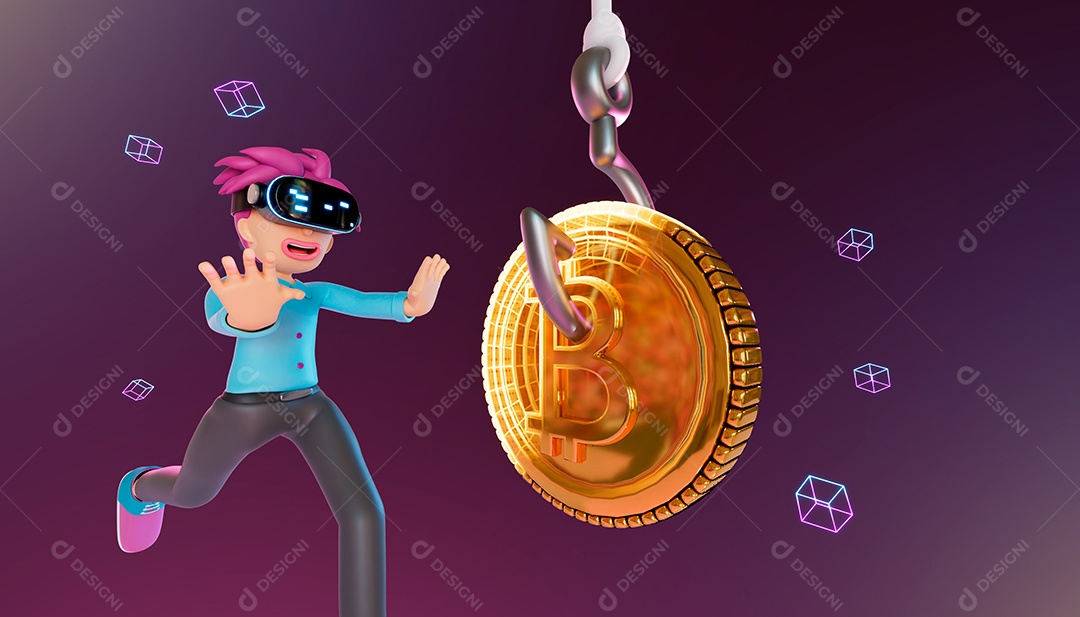 Personagem Pegando Moeda Criptomoeda Bitcoin Elemento 3D para Composição PSD