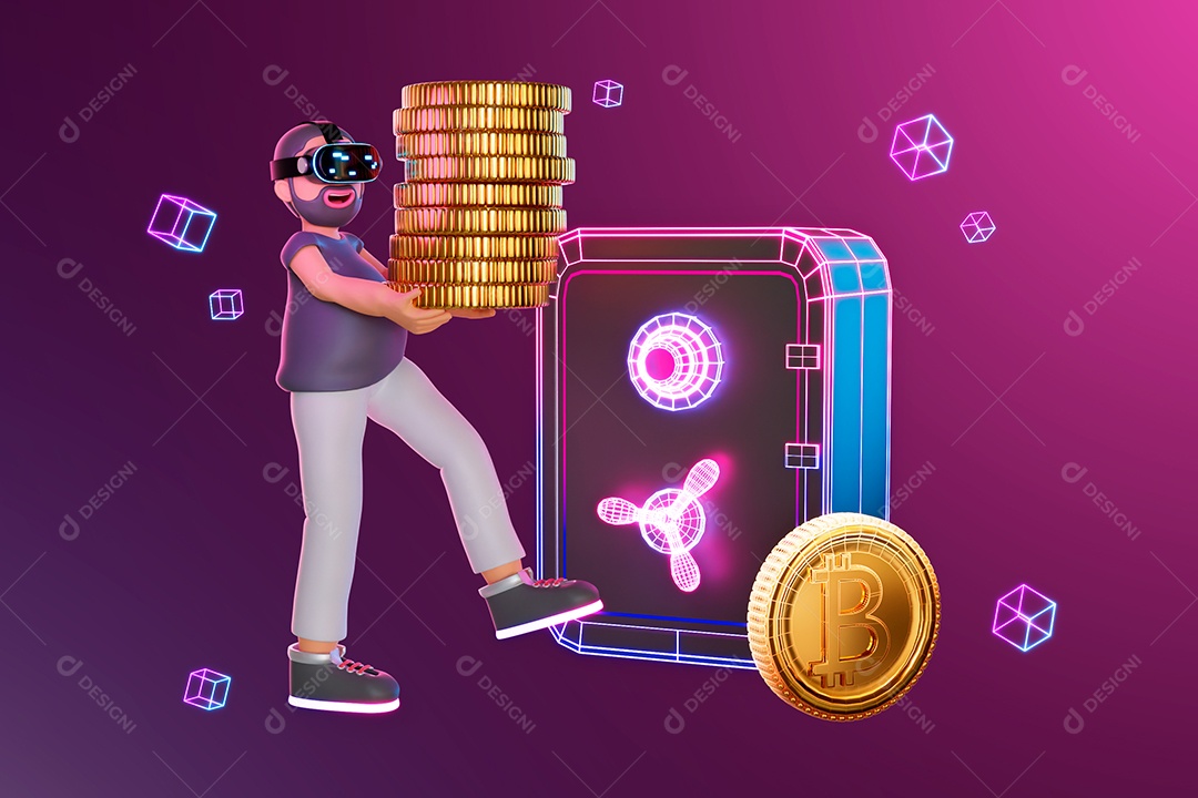Personagem com Moedas de Bitcoin Guardando no Cofre Elemento 3D para Composição PSD