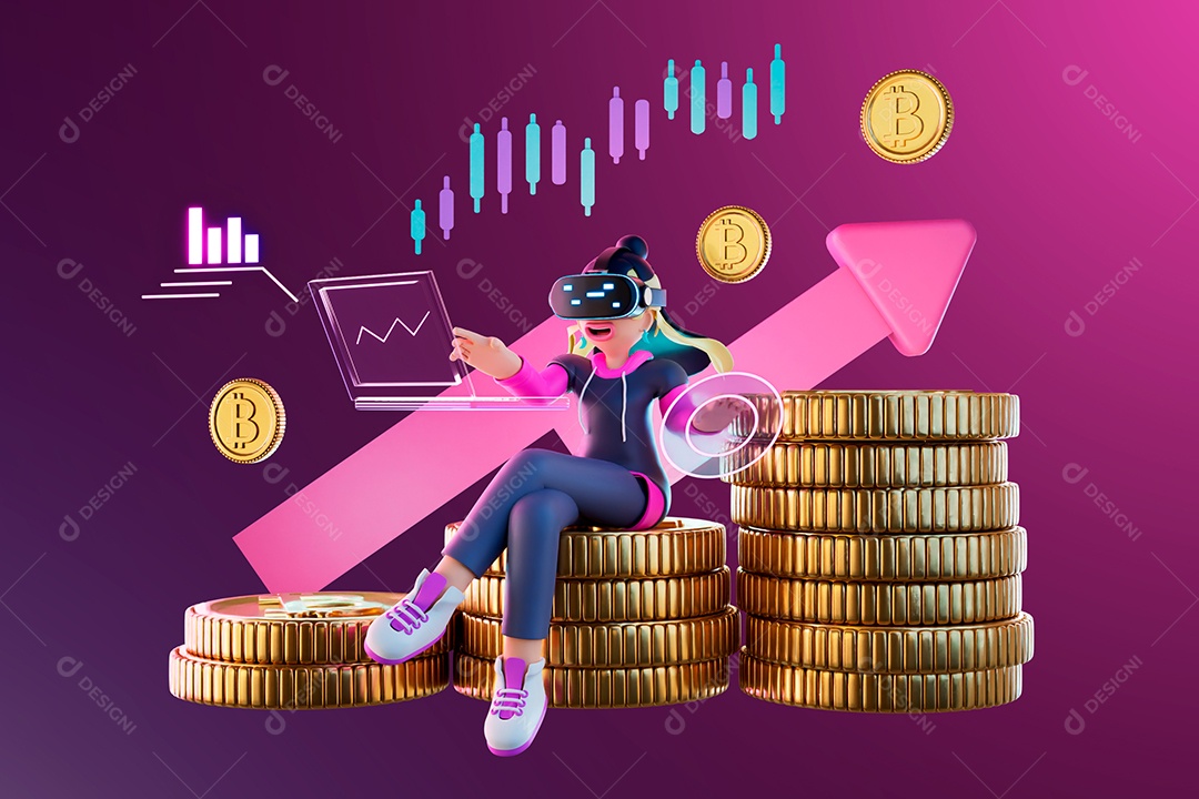 Personagem com Moedas de Bitcoin e Gráficos Elemento 3D para Composição PSD