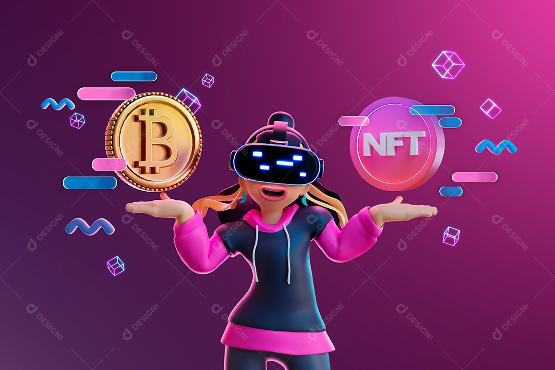 Personagem com Moedas de Bitcoin e NFT Elemento 3D para Composição PSD