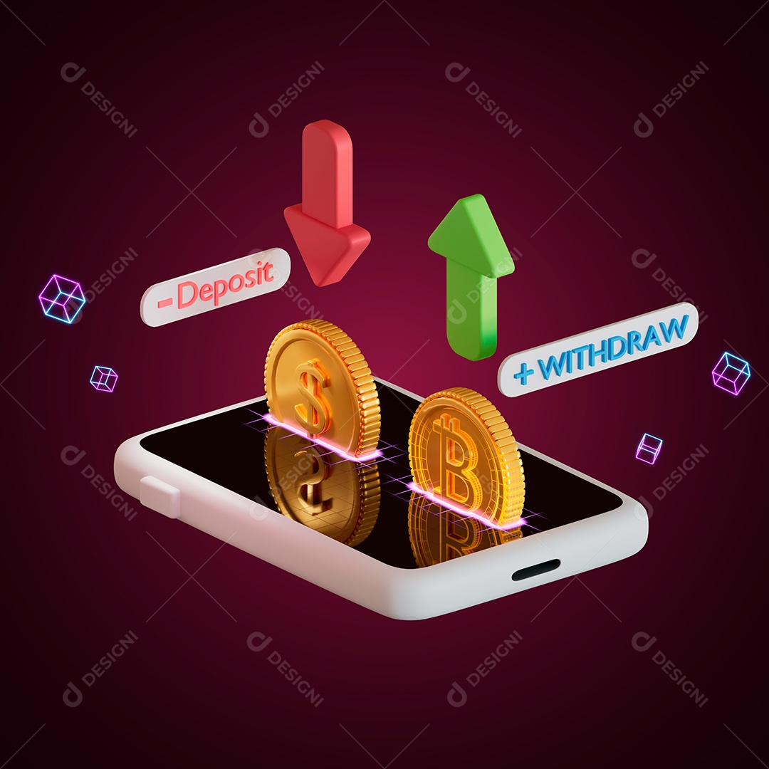 Gráficos de Deposito e Retirar Moedas de Bitcoin Elemento 3D para Composição PSD