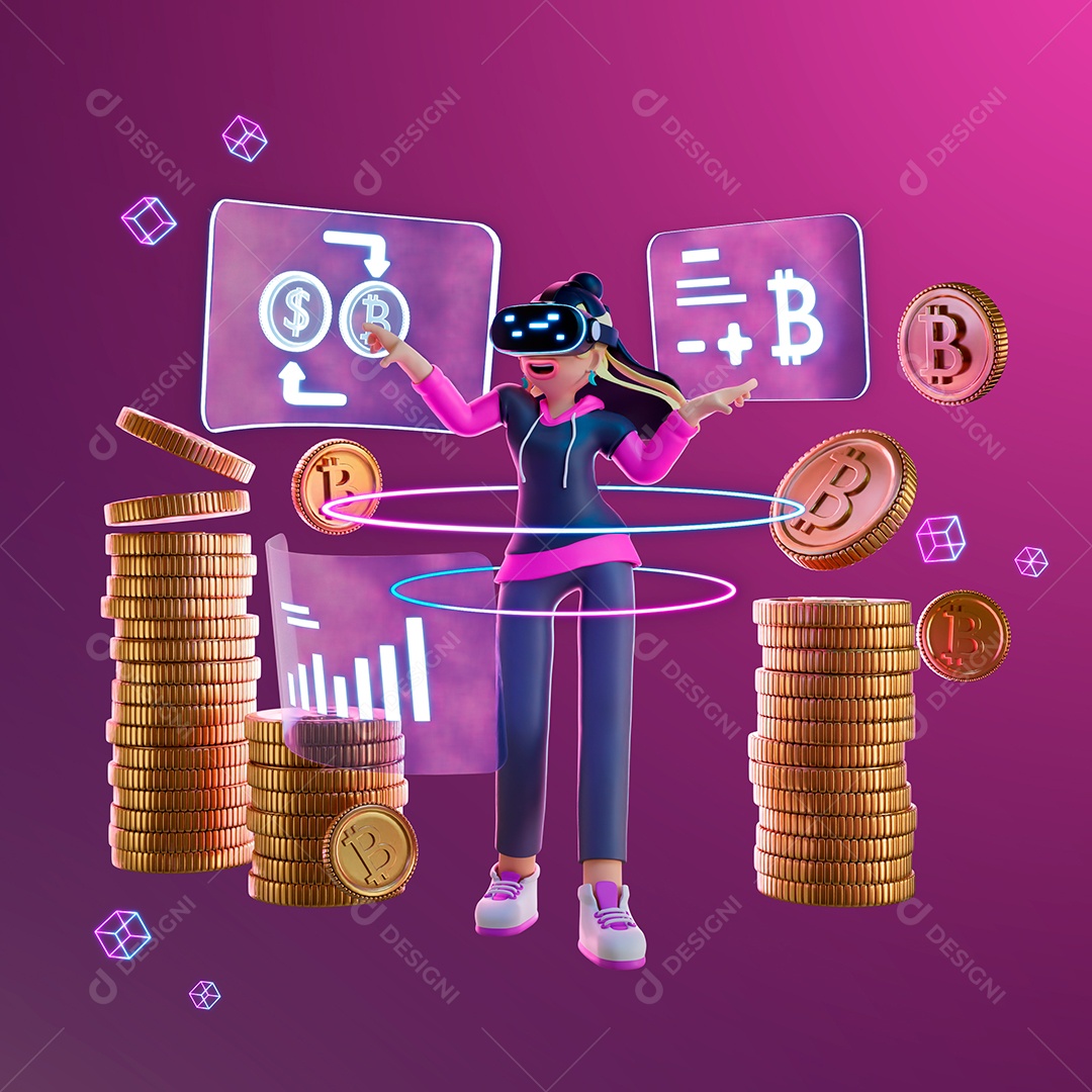 Criptomoeda com Gráficos e Moedas de Bitcoin Elemento 3D para Composição PSD