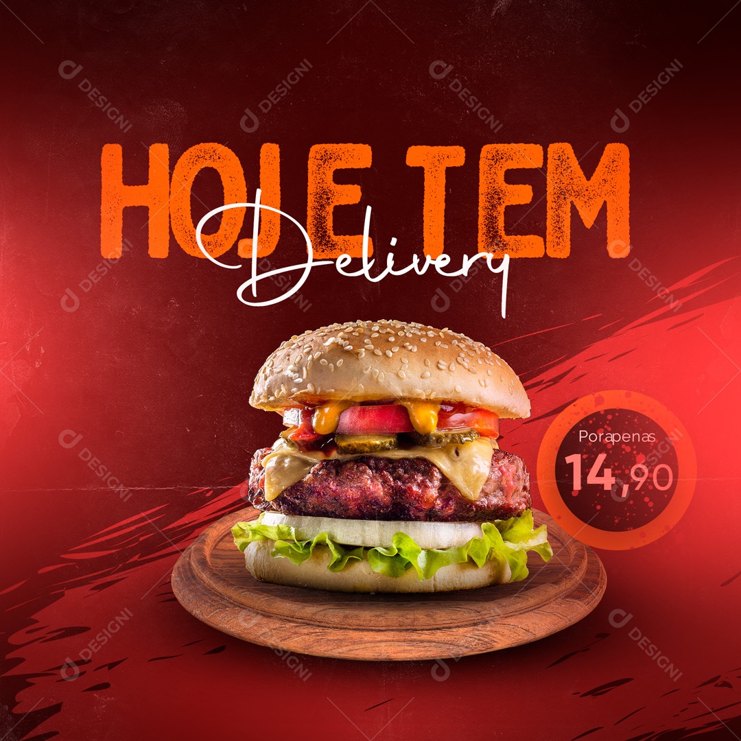 Post Hoje Tem Delivery Hamburgueria Social Media PSD Editável