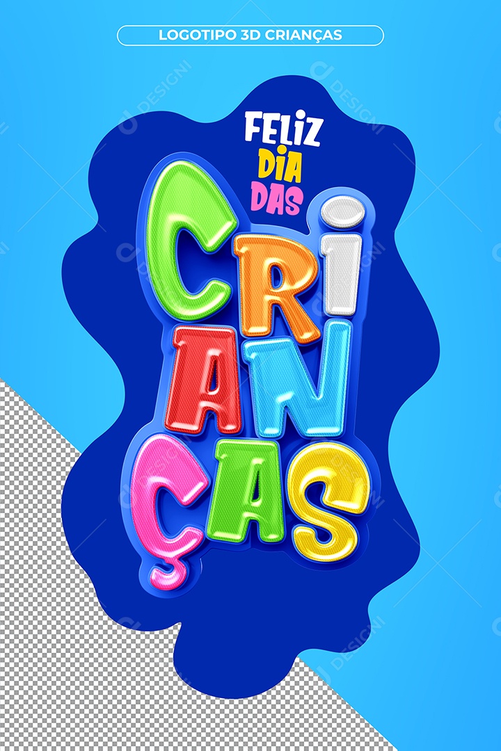 Feliz Dia Crianças Selo 3D Azul para Composição PSD