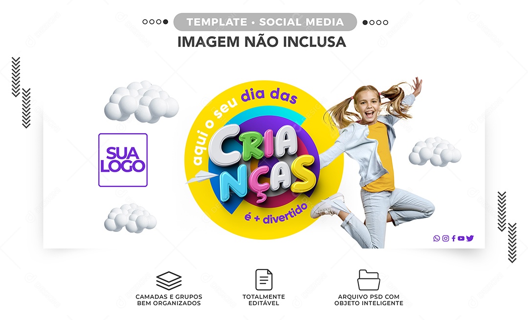 Banner Aqui seu Dia é + Divertido Dia das Crianças Social Media PSD Editável