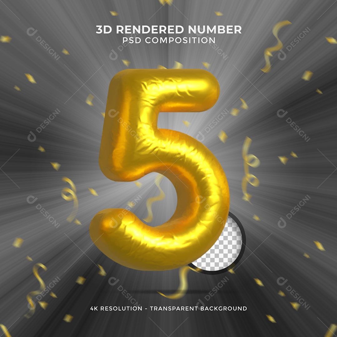 Elemento 3D Para Composição Número 5 Dourado PSD