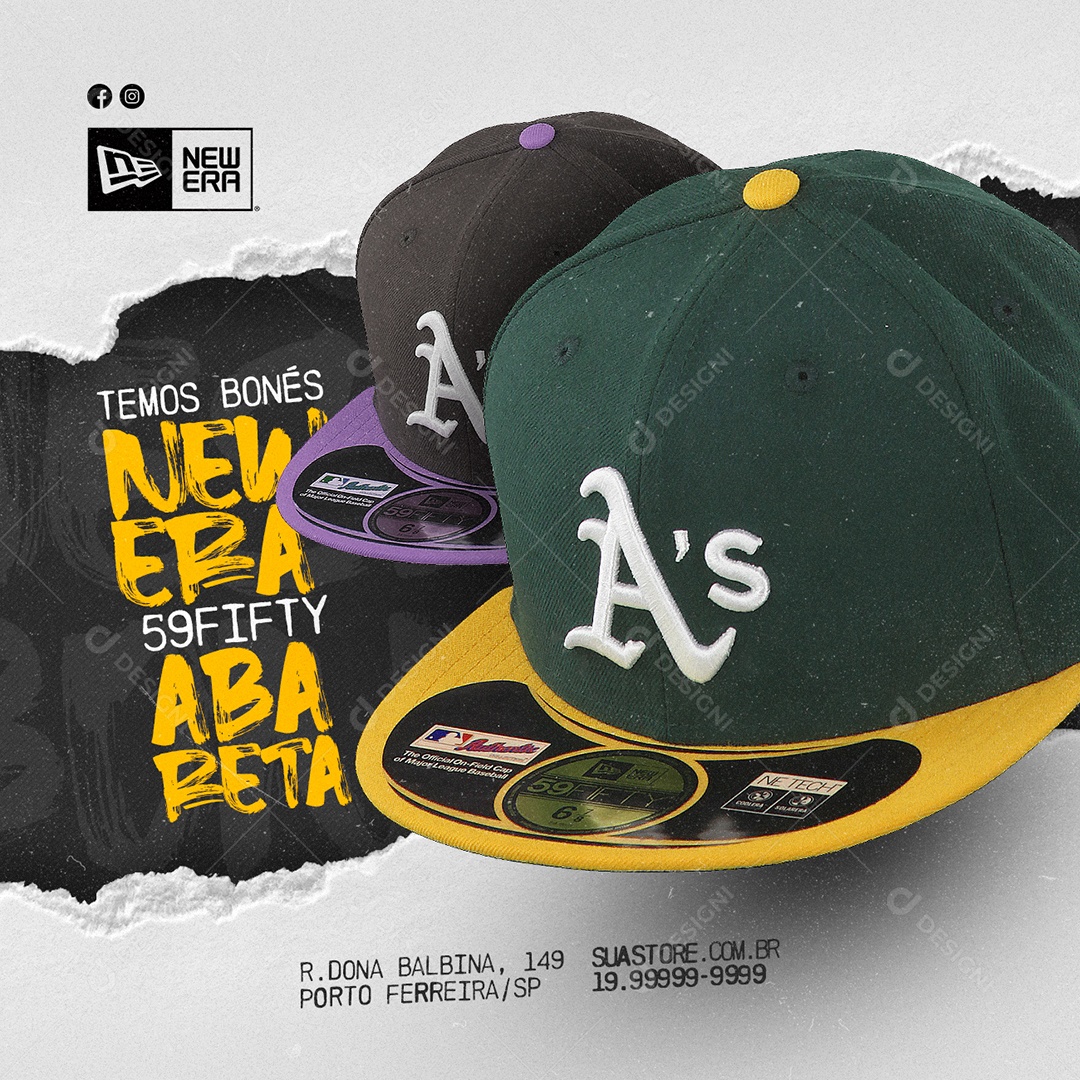 Temos Boné New Era 59Fifty Aba Reta Loja de Boné Social Media PSD Editável