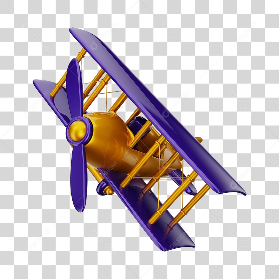Avião Aeronave Dourado e Roxo Brinquedo Infantil 3D PNG Transparente