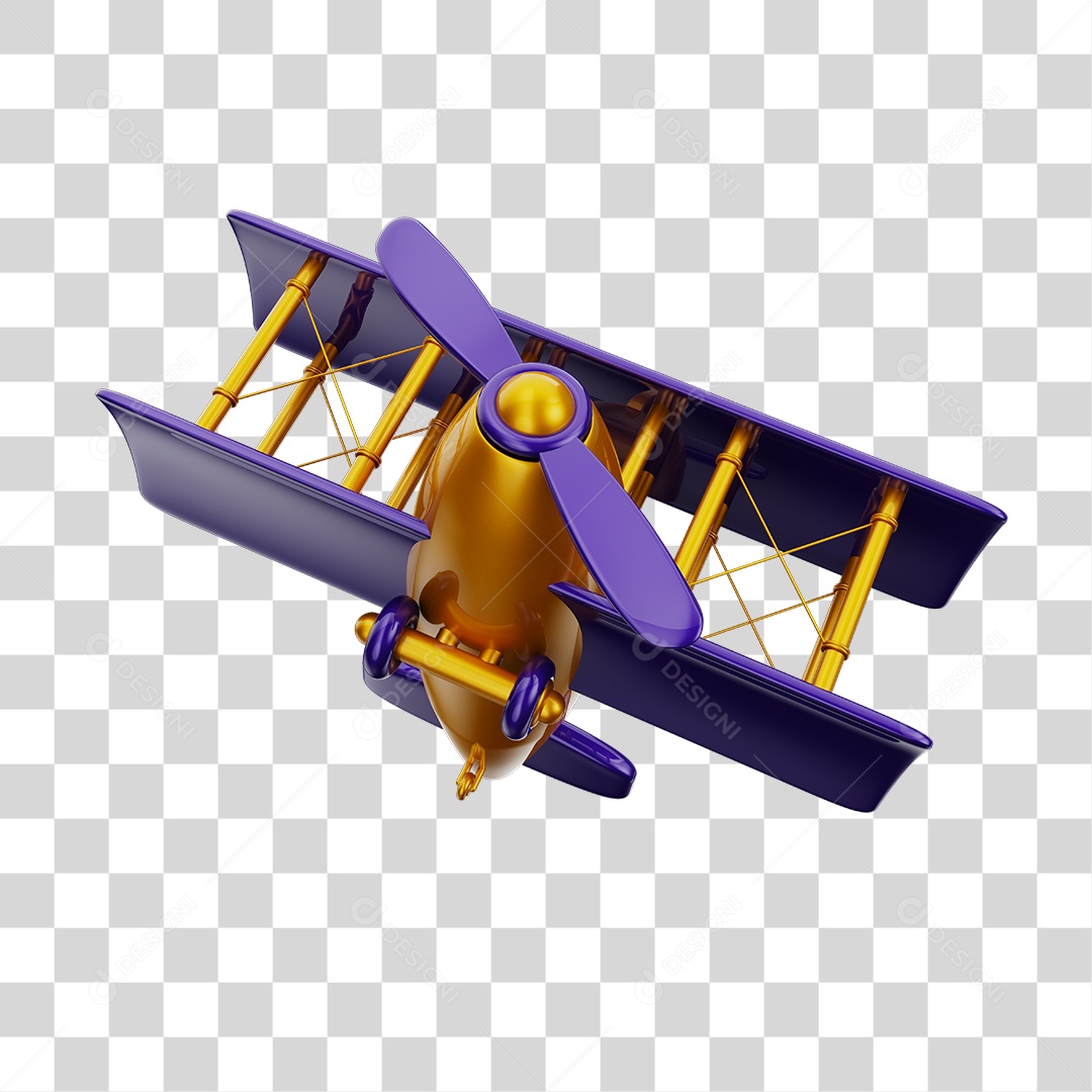 Avião Aeronave Dourado e Roxo Brinquedo Infantil 3D PNG Transparente