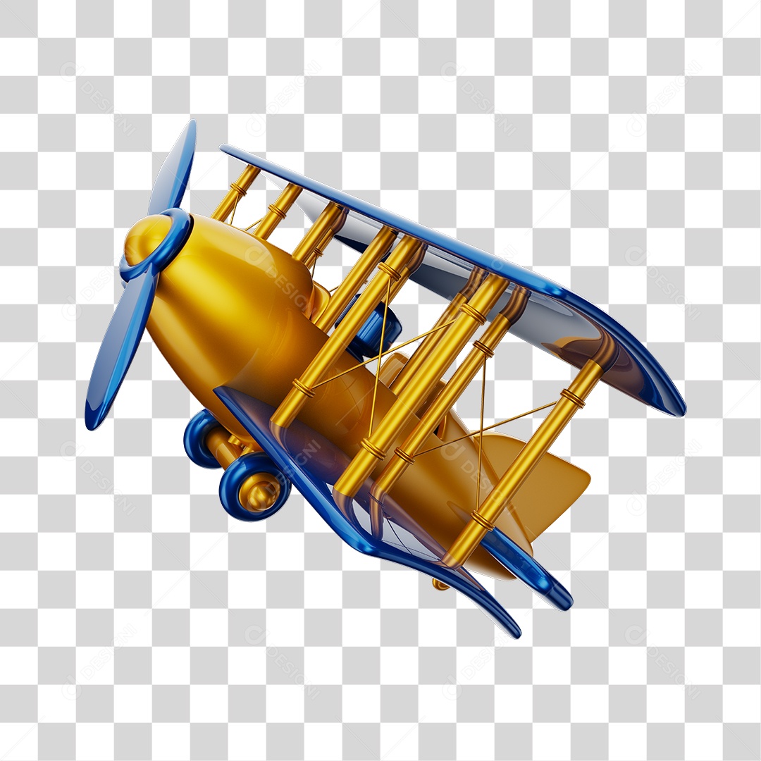 Avião Aeronave Dourado e Azul Brinquedo Infantil 3D PNG Transparente
