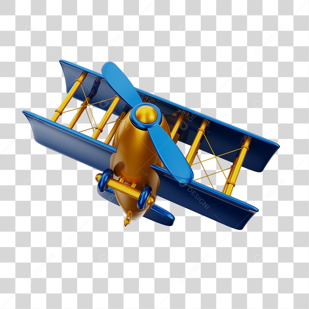 Avião Aeronave Dourado e Azul Brinquedo Infantil 3D PNG Transparente