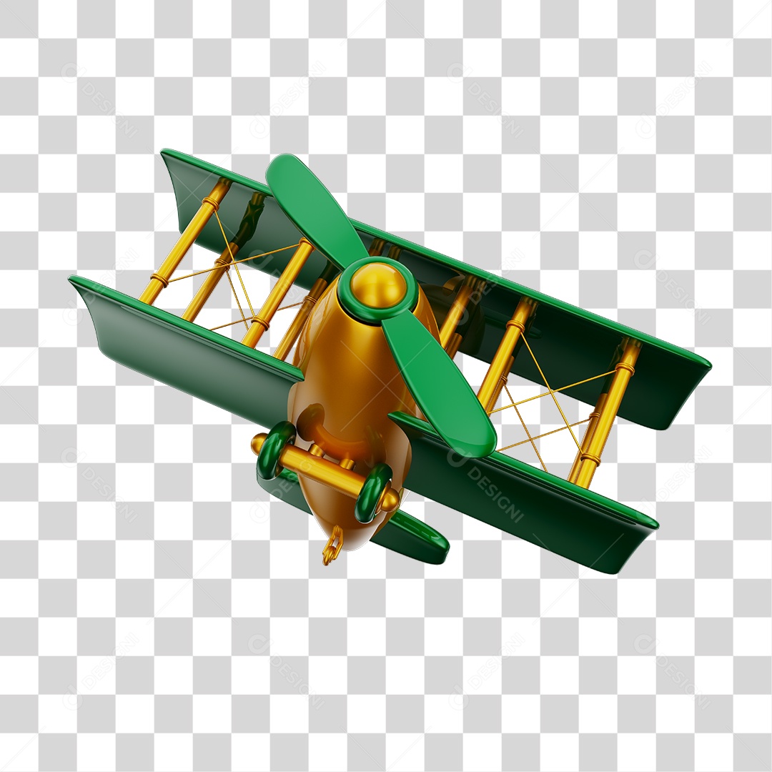 Avião Aeronave Dourado e Verde Brinquedo Infantil 3D PNG Transparente