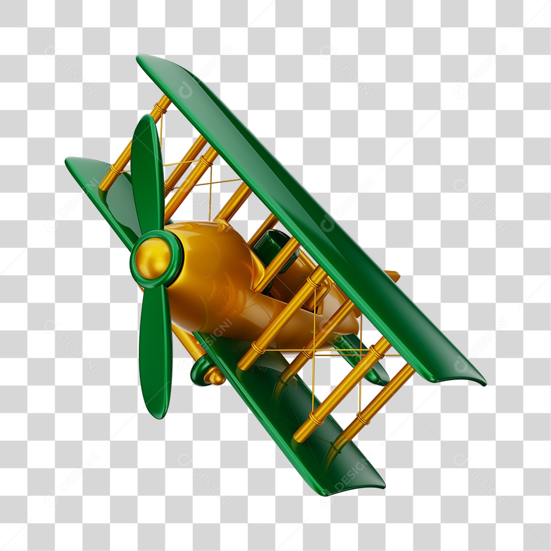 Avião Aeronave Dourado e Verde Brinquedo Infantil 3D PNG Transparente