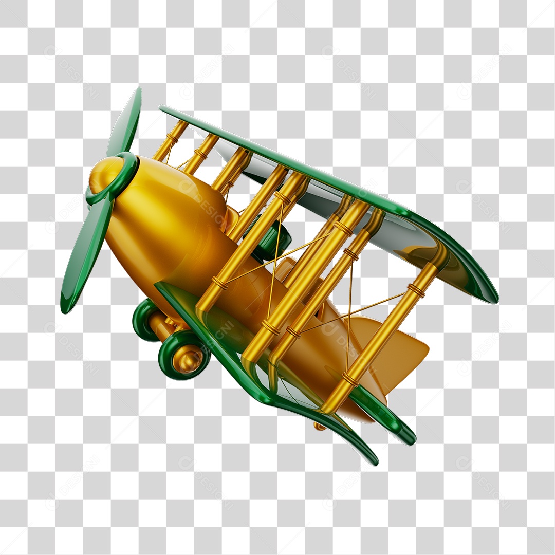Avião Aeronave Dourado e Verde Brinquedo Infantil 3D PNG Transparente