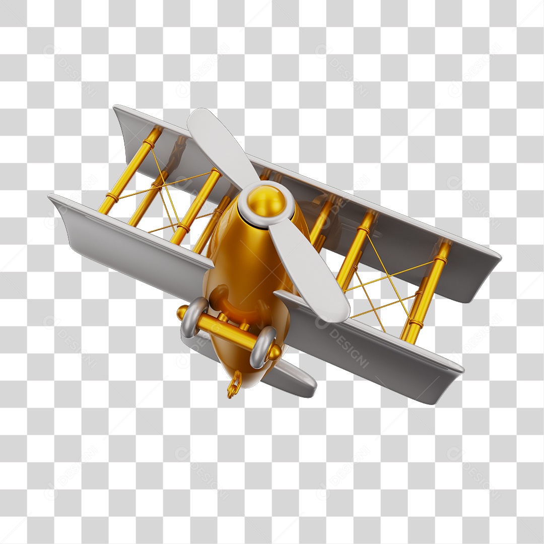 Avião Aeronave Dourada e Branco Brinquedo Infantil 3D PNG Transparente