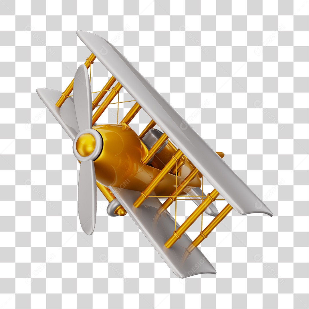 Avião Aeronave Dourada e Branco Brinquedo Infantil 3D PNG Transparente