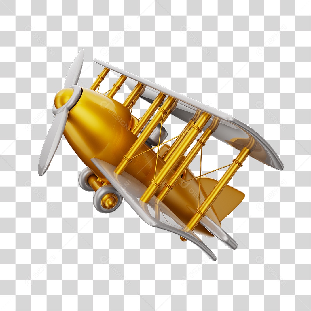 Avião Aeronave Dourada e Branco Brinquedo Infantil 3D PNG Transparente