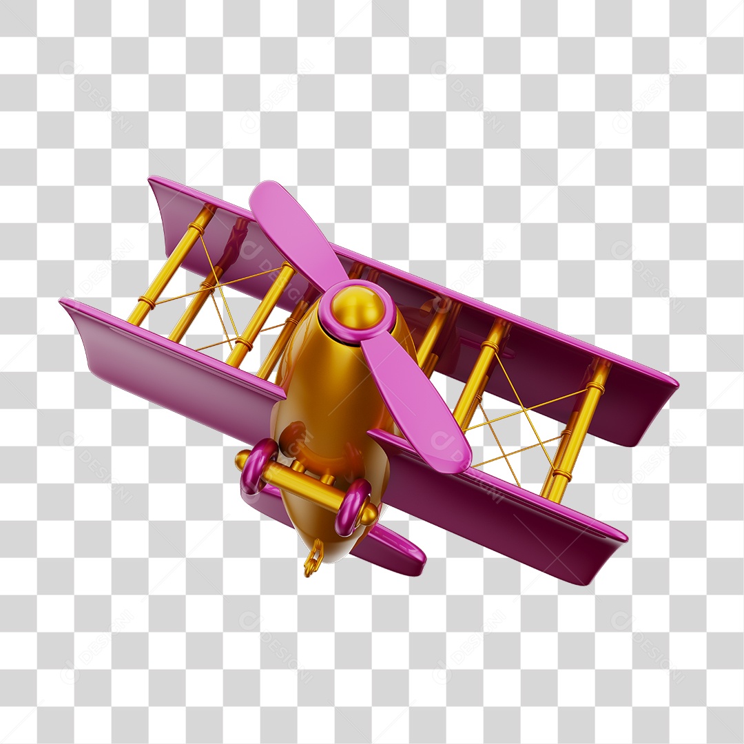 Avião Aeronave Dourado e Rosa Brinquedo Infantil 3D PNG Transparente